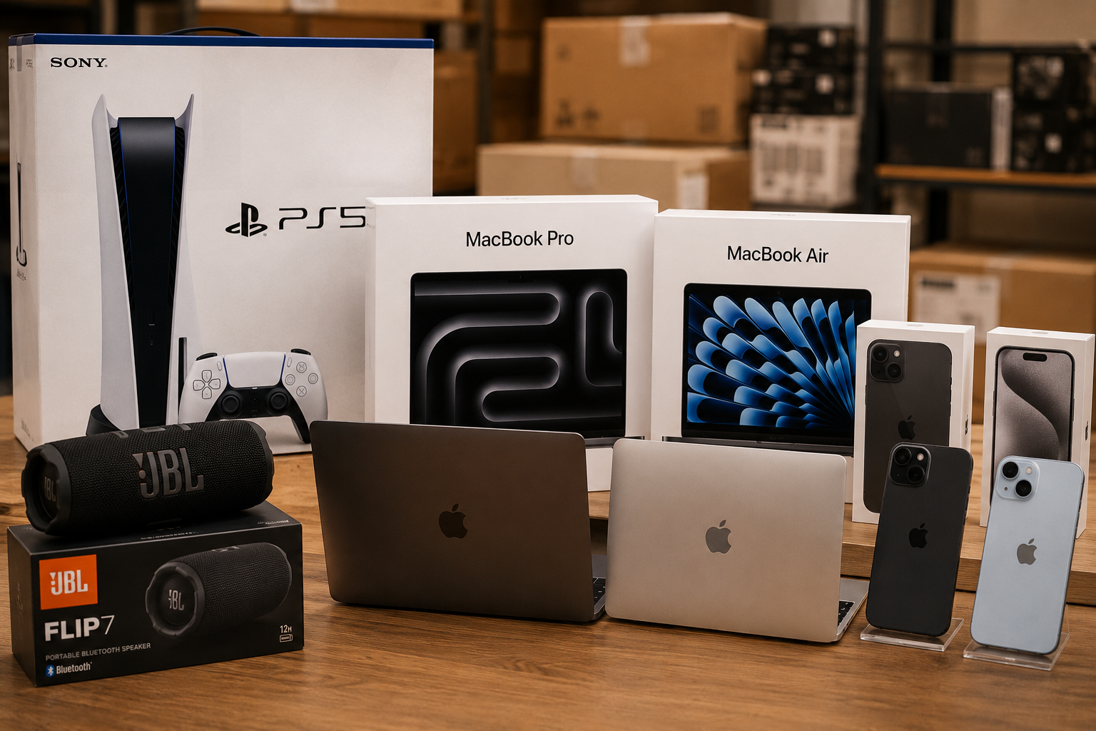 Produits principaux du lot — iPhone, MacBook, PS5, JBL Flip 7