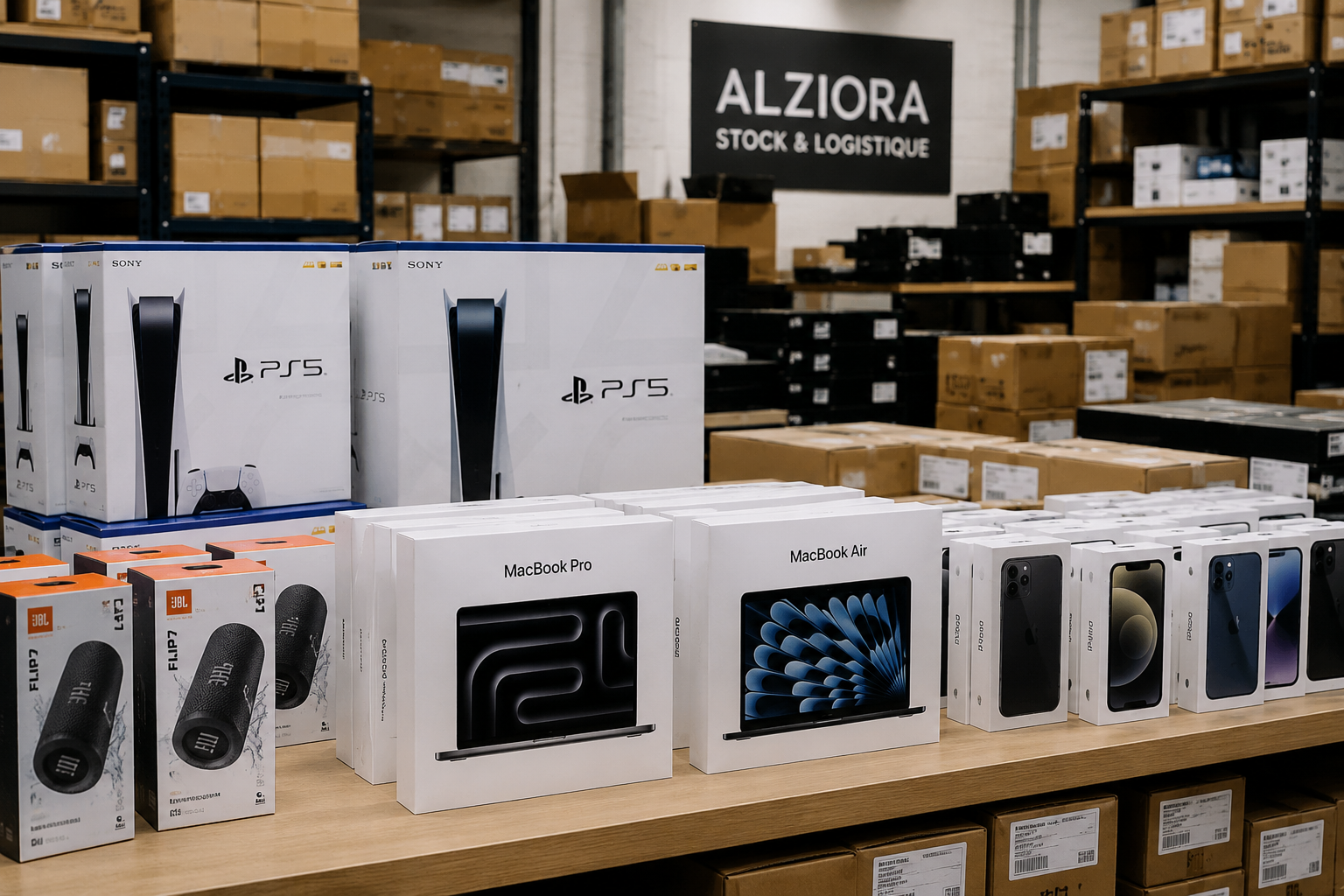 Entrepôt de stockage — PS5, MacBook, iPhone, JBL en stock